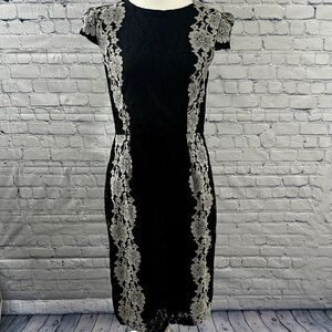 Modest Betsy Johnston Black And White Lace Midi Sheath Dress Sz 4